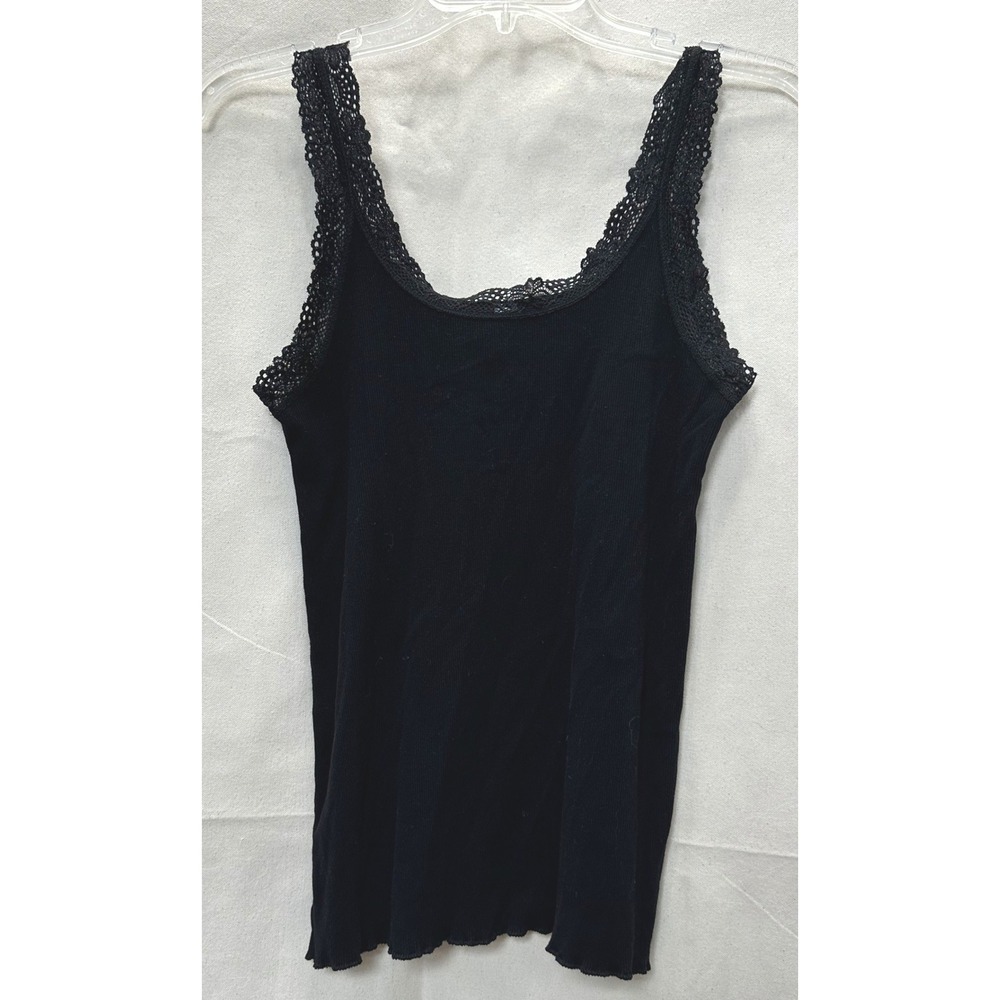 90s Y2K Womens Black Ribbed Lace Trim Cami Tank Top Lettuce Hem Size L Cotton